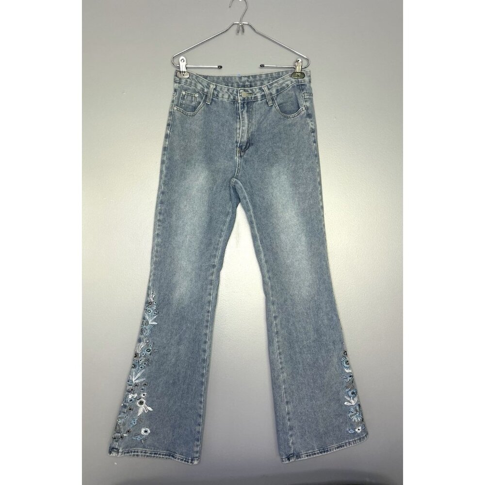 Romwe Hippie Flower‎ Embroidered Flare Jeans Womens M 31x33 Festival Cottagecore